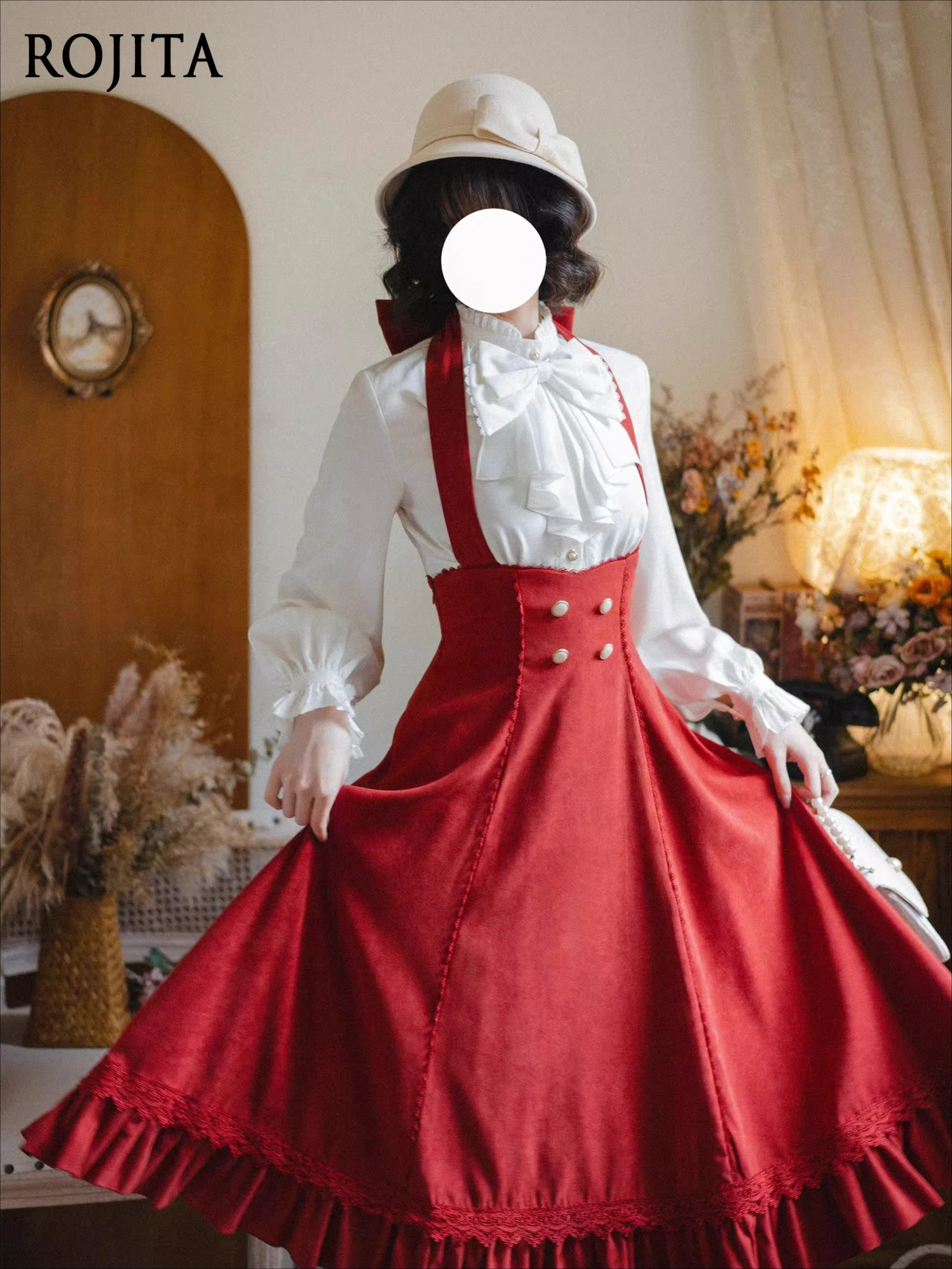 

Halter Neck Ruffled Elegant Large Hem Skirt Spring Autumn JSK Lolita Retro French Style CLA Long Sleeve White Shirt Inner