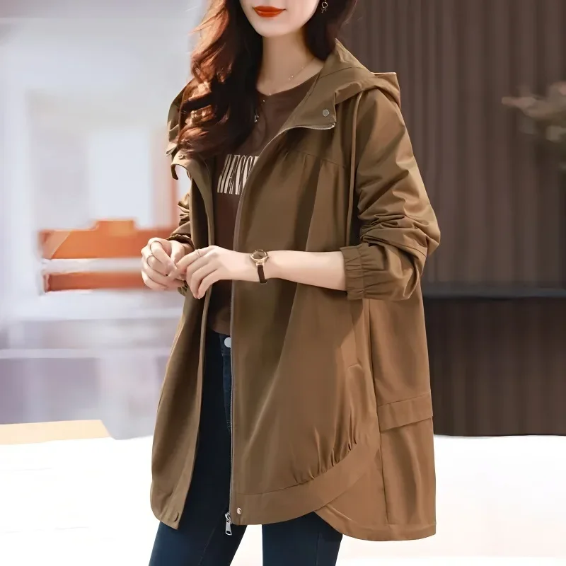 

Spring Autumn Trench Coat Women 2025 New Korean Mid-Long Hooded Loose Casual Woman Coat Overcoat Windbreaker Female Outerwear