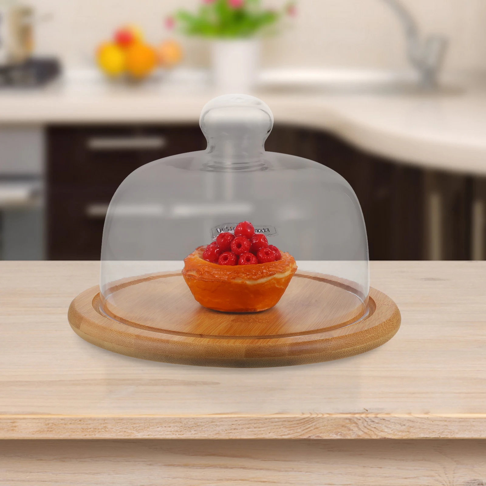 

Cake Display Tray Glass Bamboo Cover Safe Hygienic Dust Proof Pastry Plate Dessert Serving Platter Household Snack