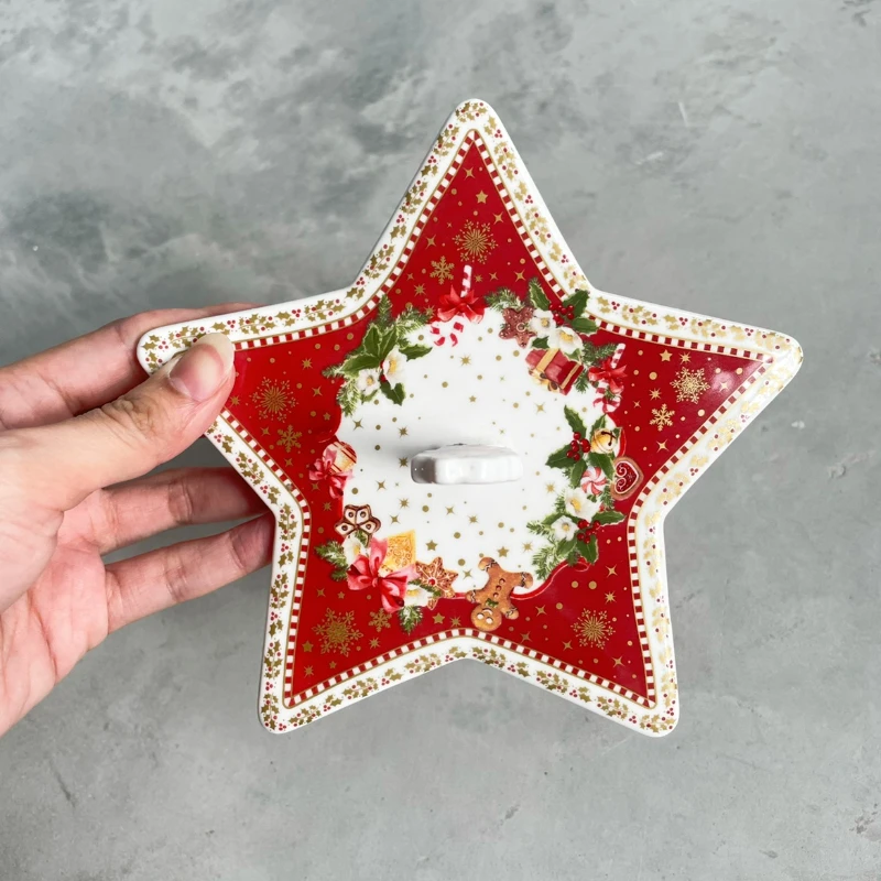 Limited Edition Santa Claus Red Five Pointed Star Decoration Plate 3D Star Plate Ornament Creative Gingerbread Man Ceramic Dish