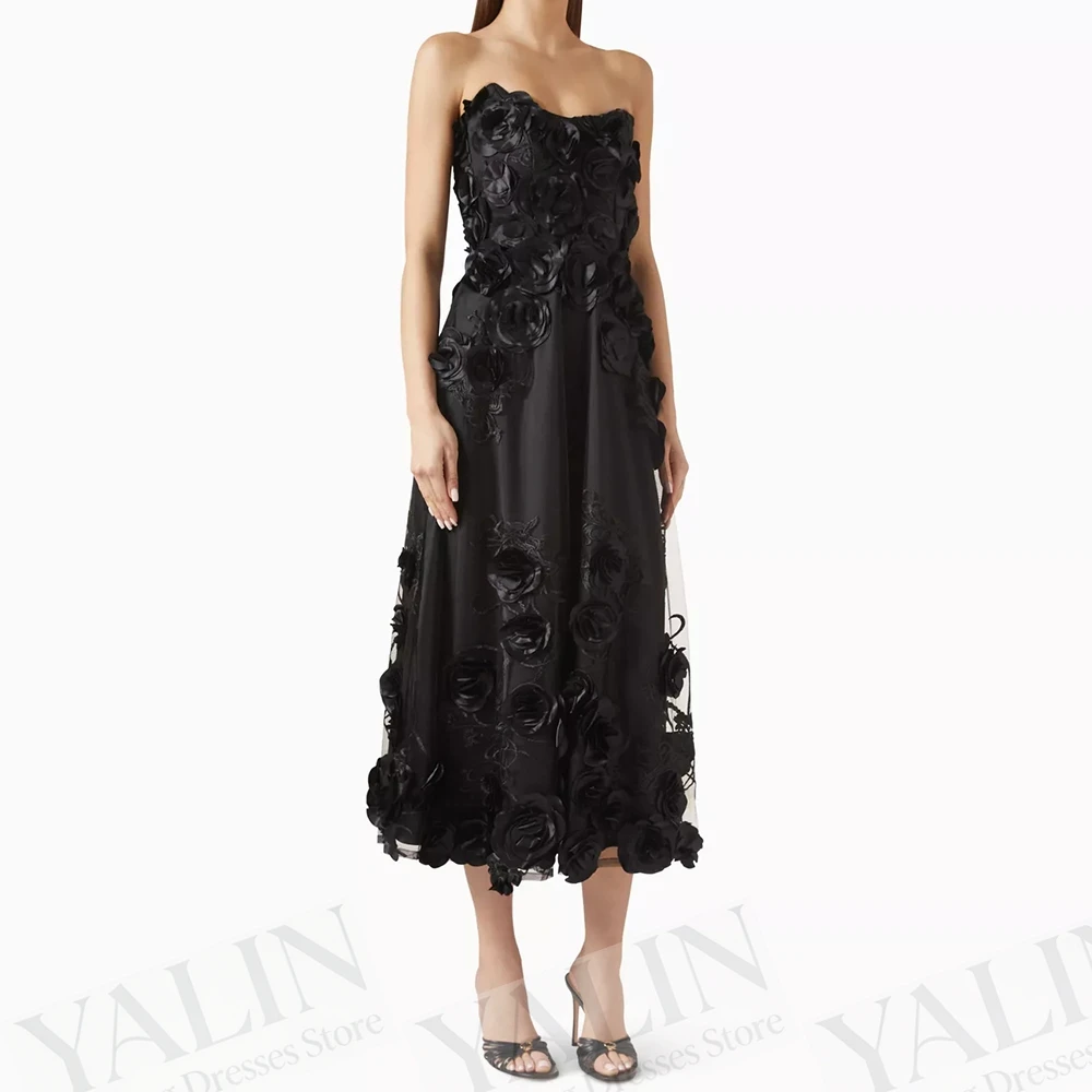 

Women's A-line Evening Dresses Tea-length Strapless Sleeveless Prom Gown Fashion Flowers Simple Draped Backless Customized Gowns