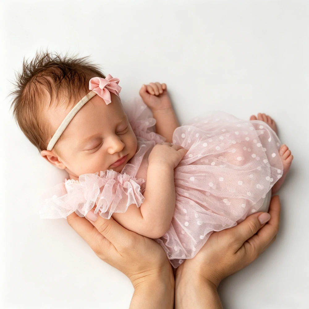 新生児写真撮影小道具女の赤ちゃんピンク水玉模様チュールチュチュドレスフリル襟幼児写真撮影衣装