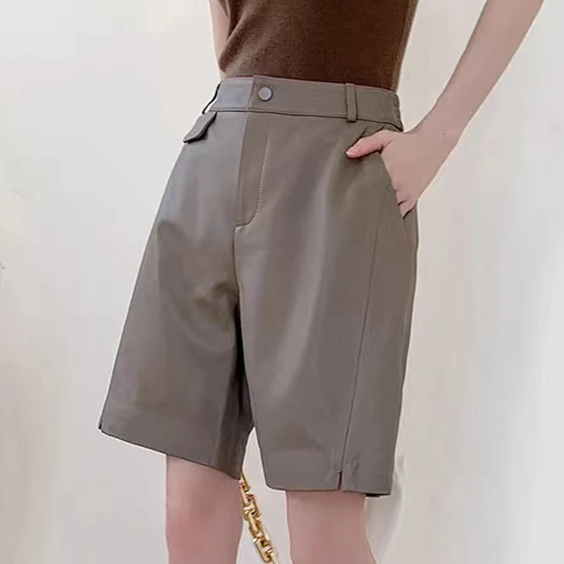 Sleek Stylish 2024 Autumn Sheepskin Mid Length Pants for Women Grey Versatile  Slimming Trousers Feminino Straight Leg Shorts