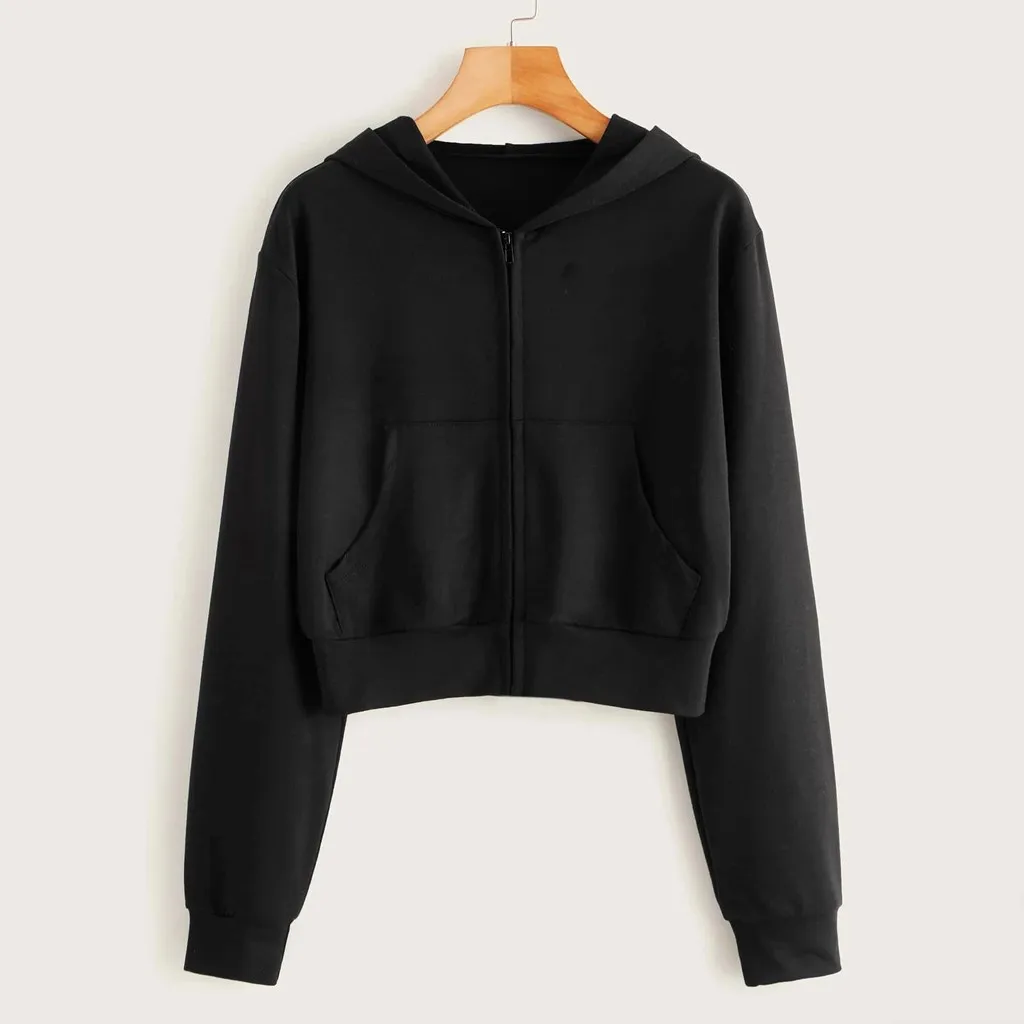 Autumn Women\'s Basic Zipped Sweatshirt Jacket Casual Loose Solid Colour Sweatshirt Comfortable Long Sleeve Hooded Sweatshirt