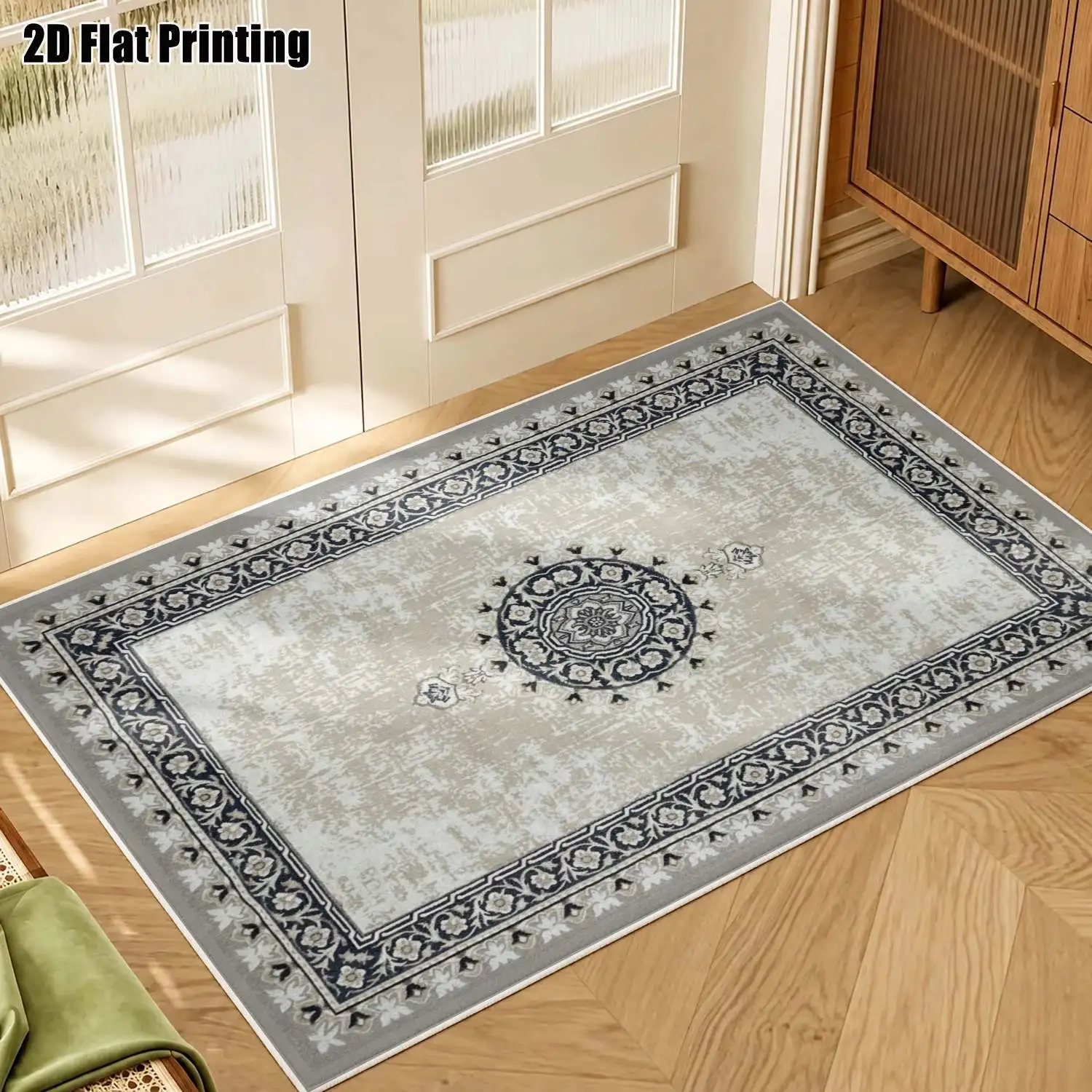 1Pc 2D Printed Velvet Carpet, Beige-Blue-Gray Floral, Multi-Style, Multi-Size, Machine Washable, for Entrance, Dining, Bedroom, Living Room, Home Decor