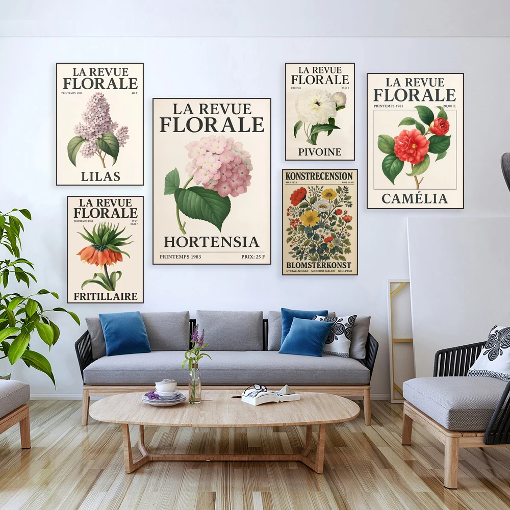 Vintage French botanical print: fritillaria, hydrangea, peony, lilac, camellia, La Revue Florale botanical illustration poster