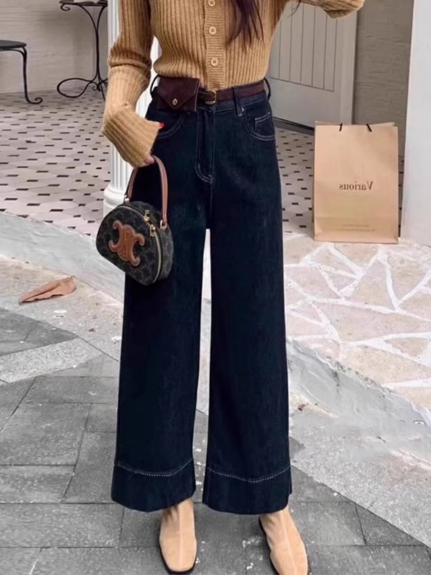 

Deep Blue Fleece Lined Straight Leg Jeans Women's High Waist Loose Wide Leg Trousers Autumn Winter New Style Casual Denim Pants