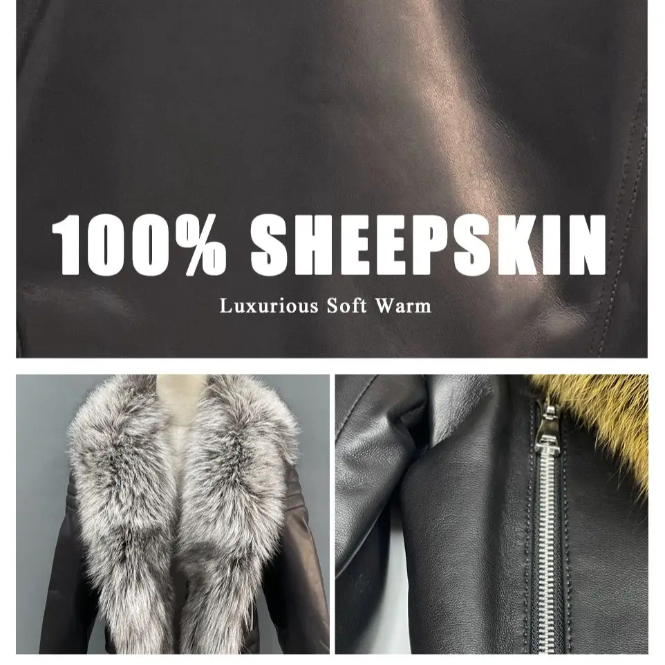 Janefur Leather Jacket Big Fur Collar Women 2022 Slim Fashion Luxury Real Fox Fur Sheepskin Coat Streetwear Female Outerwear