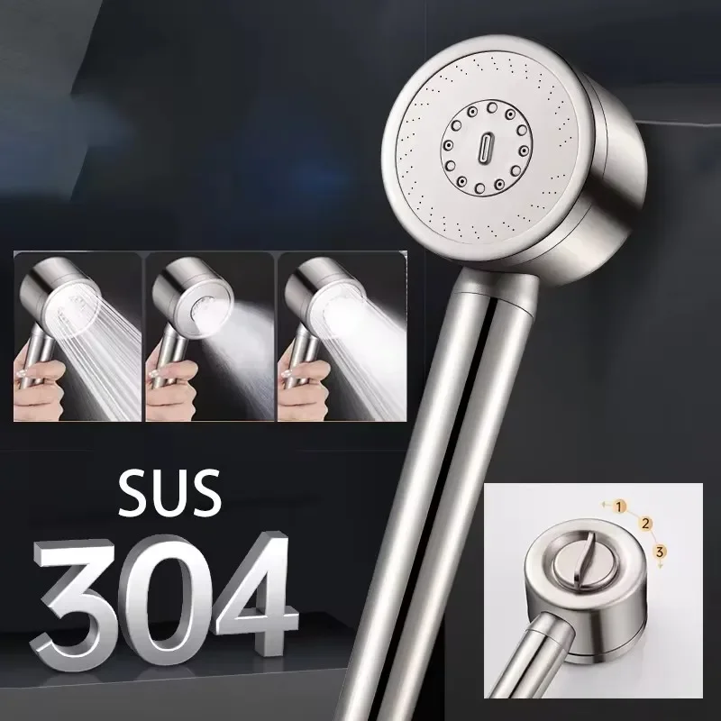 

304 Stainless Steel 3 Modes Shower Head Round High Pressure Spa Showerhead Hose Bath Bathroom Faucet Accessories Set Gadgets