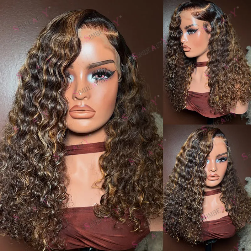Simbeauty Natürliche Tiefwellen-Highlight-Braun-Balayage Echthaar-Perücke, Klebefreie 5x5 HD-Spitzenperücke, 180% Dichte, Vollspitzen-Damenperücke