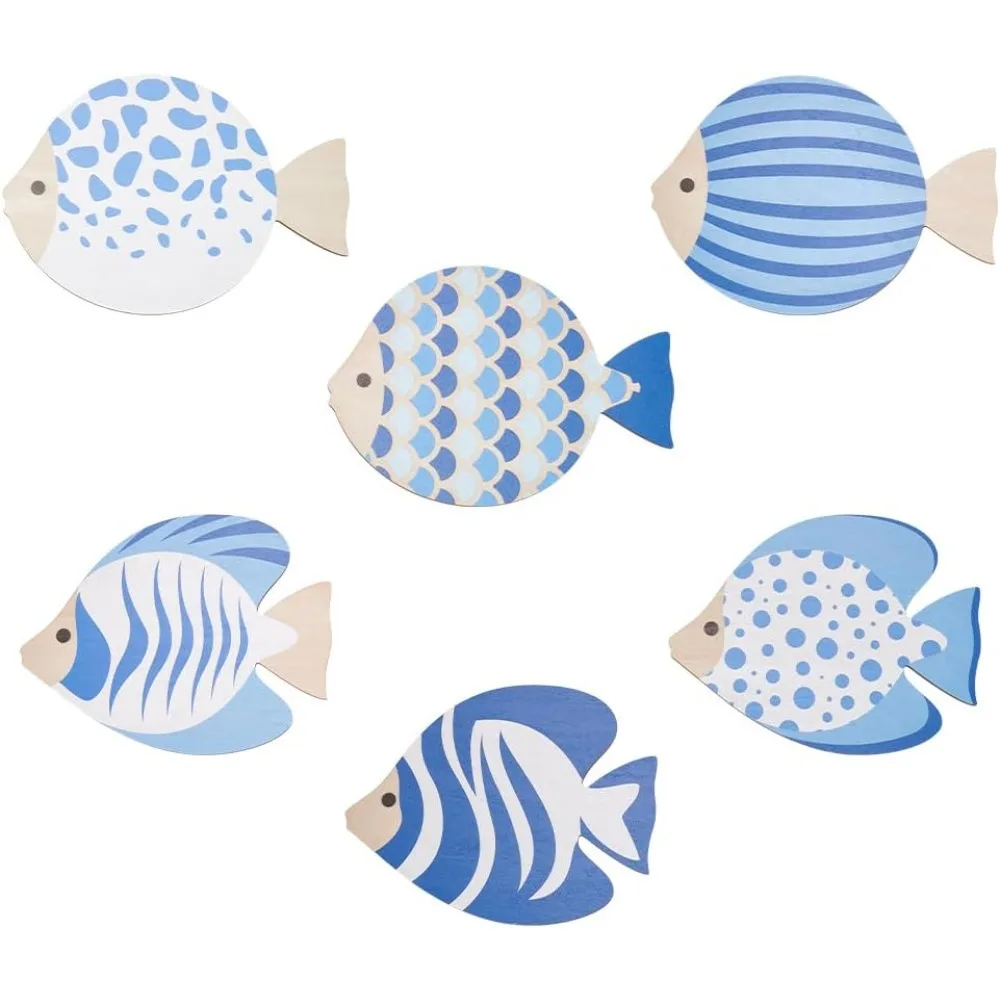 

6Pcs Wood Fish Beach Wall Decor Coastal Wall Art Nautical Beach Decor Bathroom Walls Decoration Blue Fish Walls Sculpture