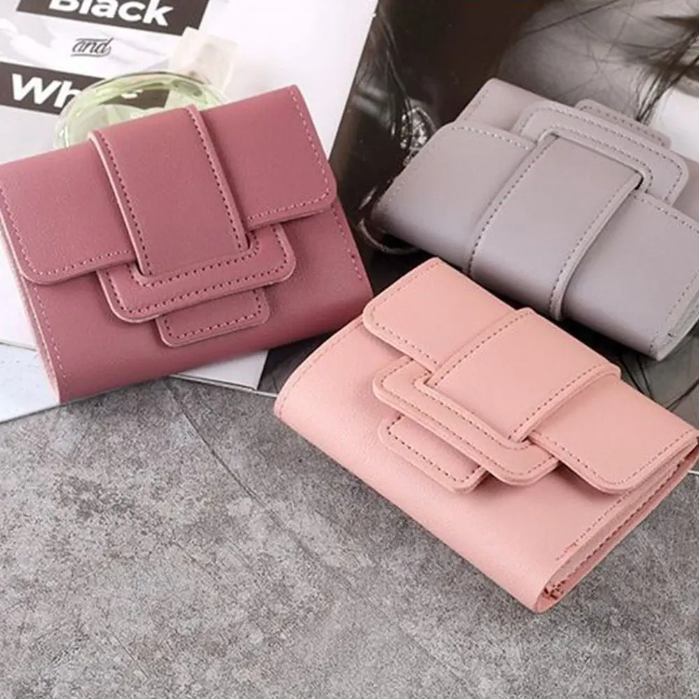 Cartera de Color sólido para hombre, monedero Simple de estilo coreano con botón a presión, monedero de PU de tres pliegues, Mini bolsa para tarjetas