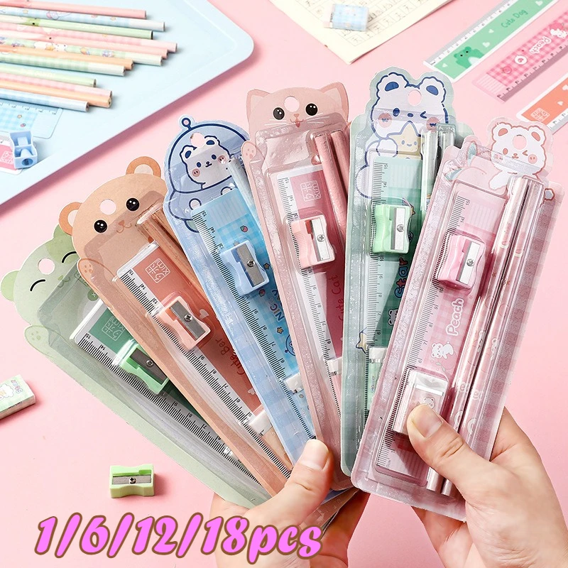 1/6/12/18pcs Pencil Ruler Eraser Set, School Supplies for Kids, Student Prize Gift, Sharpener Pencil