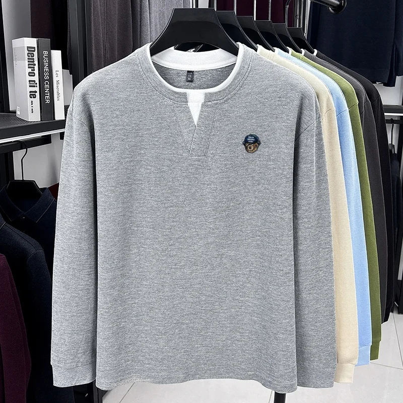 100% Baumwolle Herren Mode-Design Stickerei O-Ausschnitt T-Shirt Frühling Herbst Langarm Pullover Oberteile Business Komfort Herrenbekleidung – Detail 4