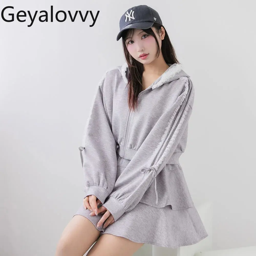 

Autumn Japanese Style Sports Suit Hooded Sweatshirt Solid Color Lace Ruffled Versatile Top and Short Cake Skirt Two-Piece Set