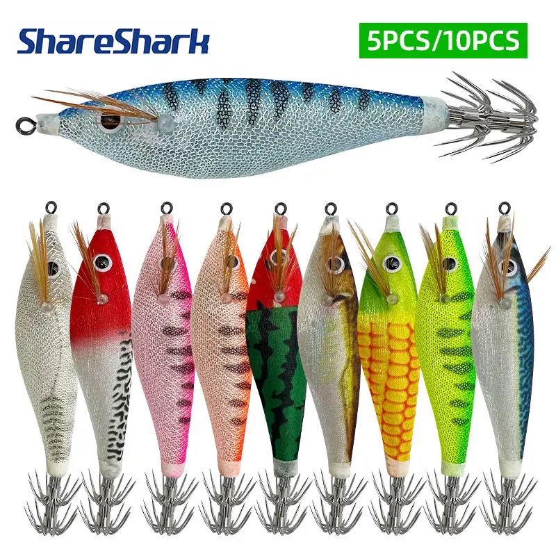 ShareShark 5/10pcs Luminous Wood Shrimp Squid Hook 10cm/10g Horizontal Shrimp Fishing Lures Artificial Round Belly Bait