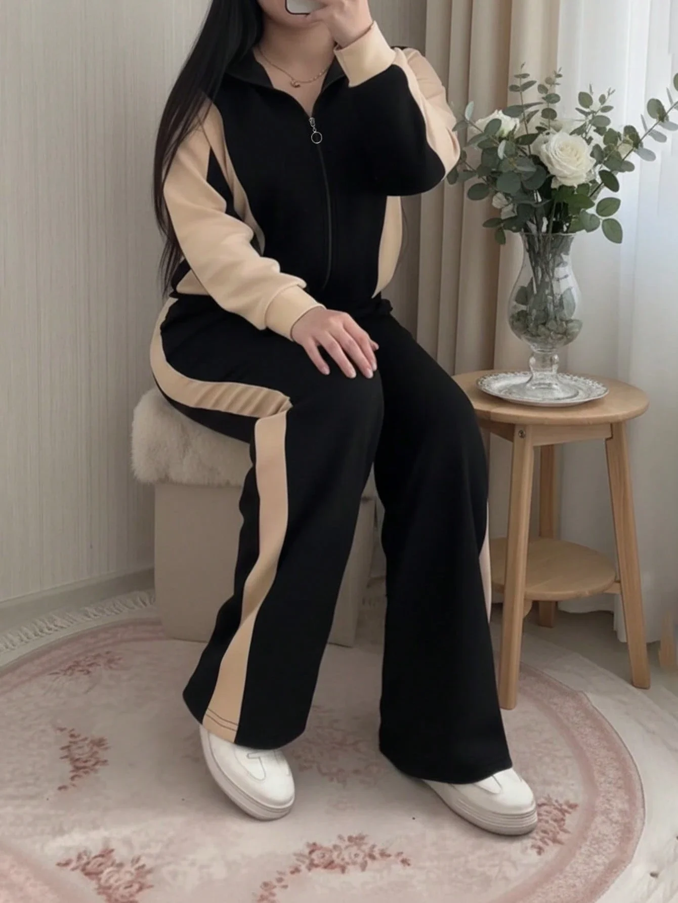 

Women's Contrast Color Patchwork Jacket And Pants 2 Piece Set Casual Autumn Winter