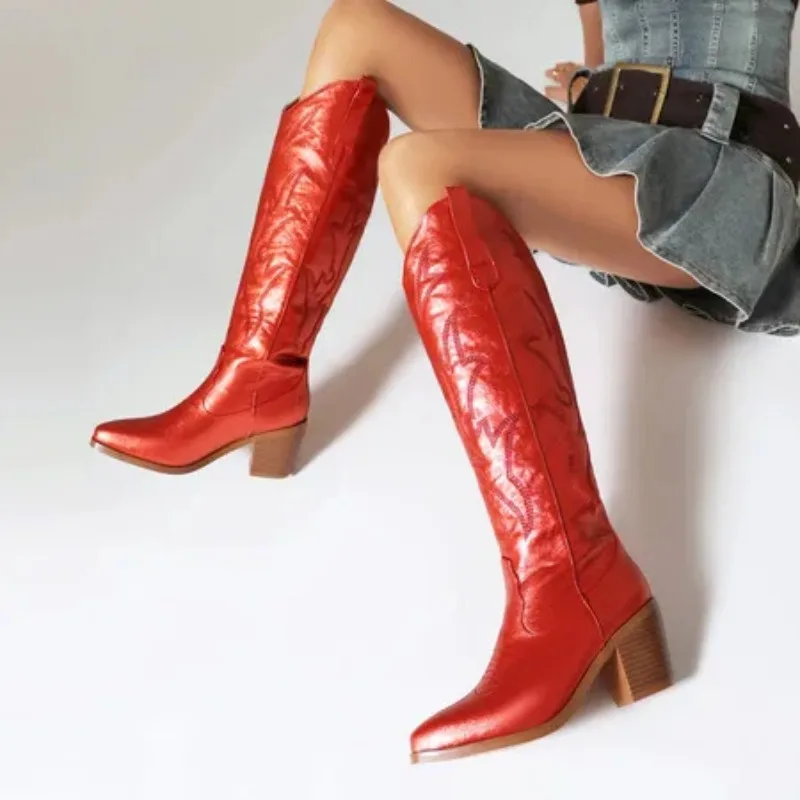 Women\'s Metallic Retro Western Cowboy Boots 2025 Embroidery Cowgirl Stiletto Pink Ridding Motocycle Boots