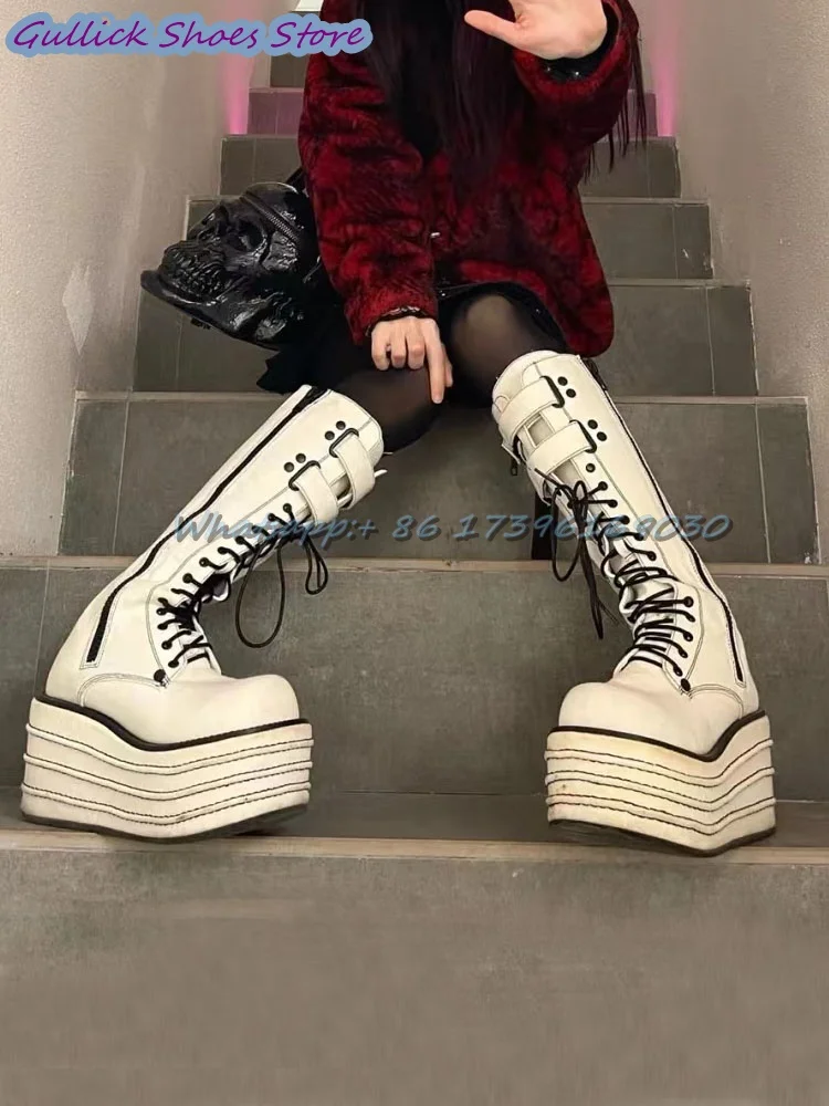 Gothic Style Boots For Women Round Toe Thick Sole Side Zipper Knee-High Punk Street Hook High Quality Shoes Zapatos De Mujer