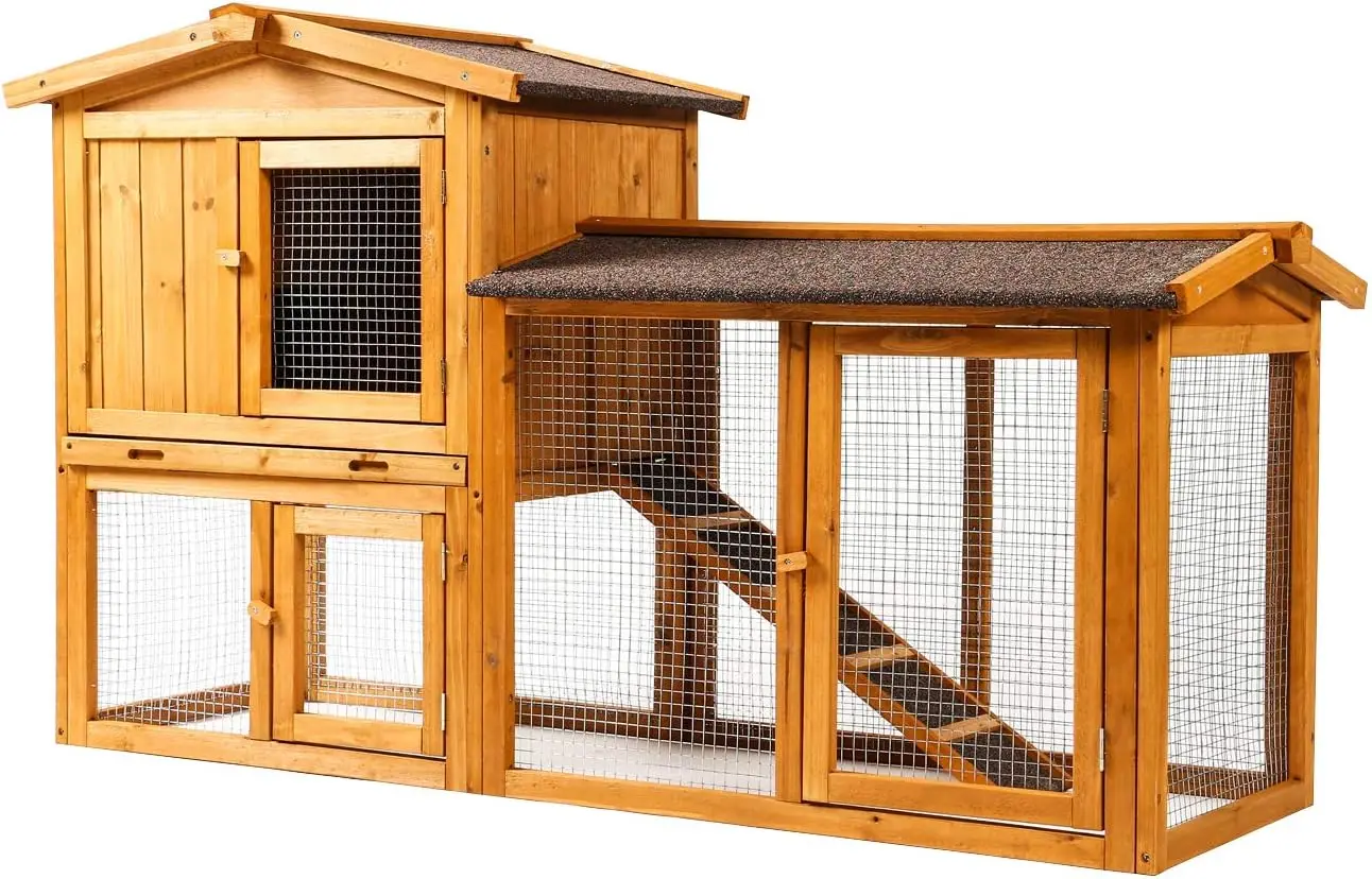 

Chicken Coop Large Wooden Outdoor Bunny Rabbit Hutch Hen Cage with Ventilation Door, Removable Tray & Ramp Garden Backyard Pet