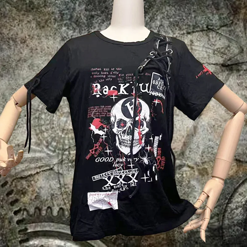 Japanese  Mens Summer Kill Matt Rock Punk Clothes Black Graffiti Skull Pattern Clothing Trendy Stripe Splicing Short T-shirt