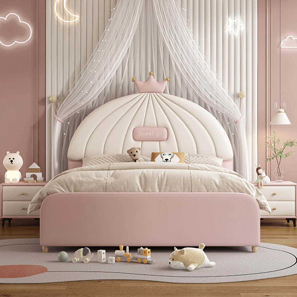 For Home Cute Princess Bed Hot Sale Leather Crown Children's Bed Set for Girls High Quality Wooden Children's Bed with Storage