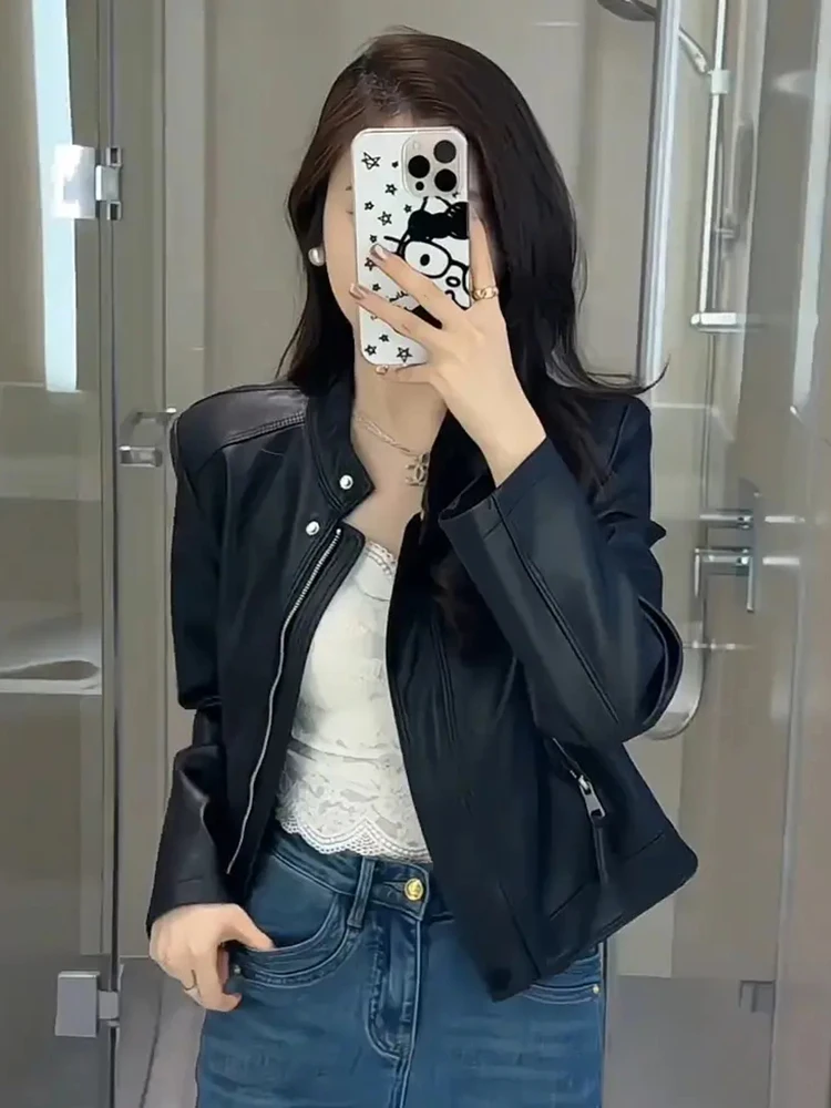 Sli ort Biker Jaet Women's Spring 2025 Faion Design Zipper Slim Fit Leather Coat Trendy Top Casual Outerwear