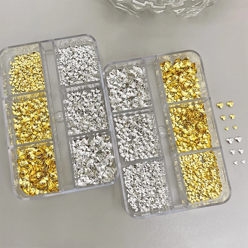 6Grids 3D Metal Heart Nail Art Charms Gold/Silver Starlight Rivets Nails Decorations Y2K Manicure Accessories Nail Parts Jewelry
