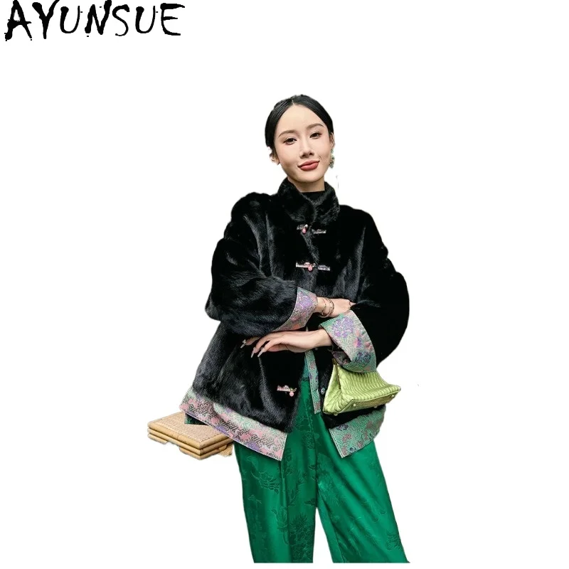 AYUNSUE Natural Mink Fur Coat Women Winter Jacket Whole Mink Womens Coats 100% Real Silk Parka Real Fur Clothes Reversible