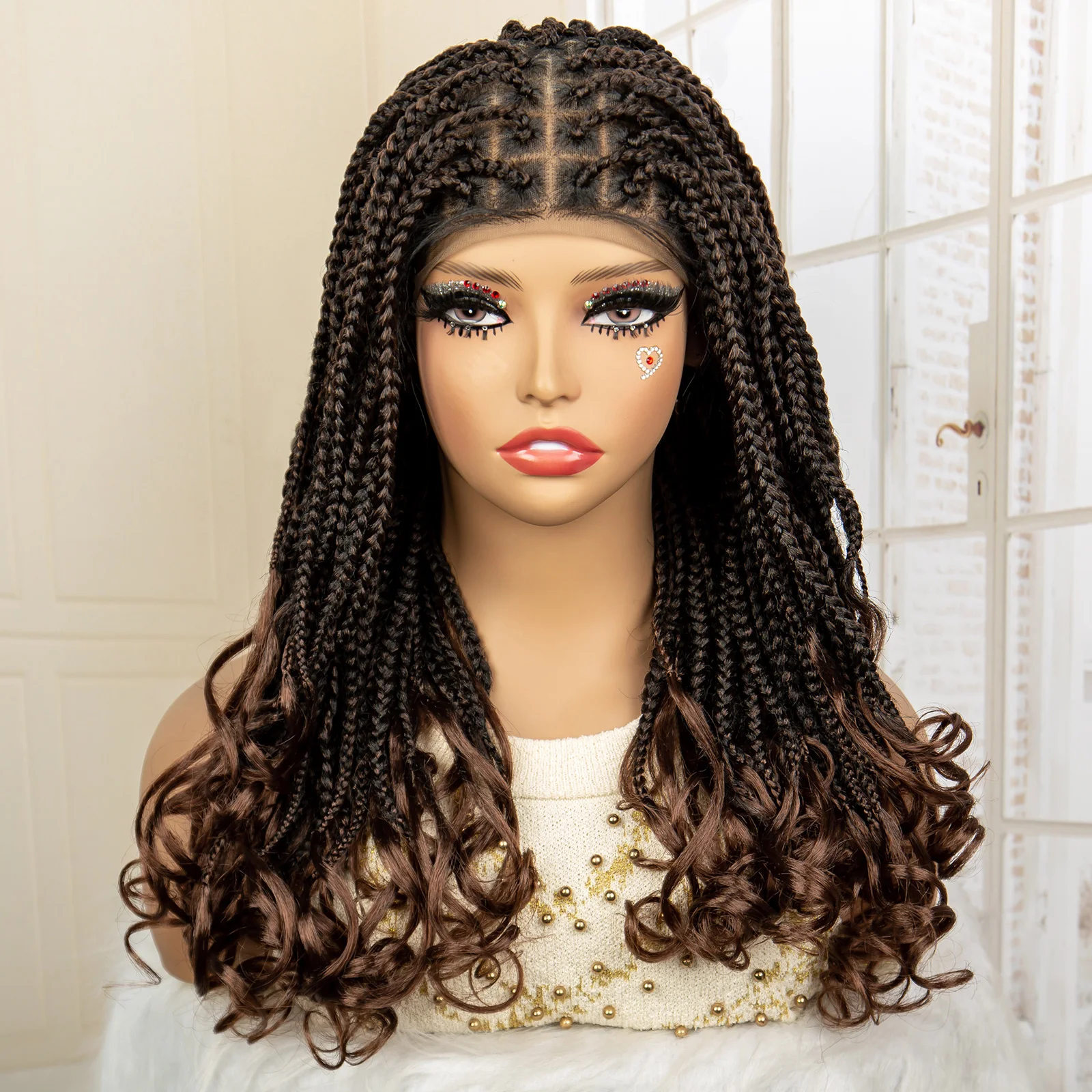 Perruque Full Lace Braids Wig pour femmes noires, perruques tressées, cheveux bruns, extrémités bouclées, boîte