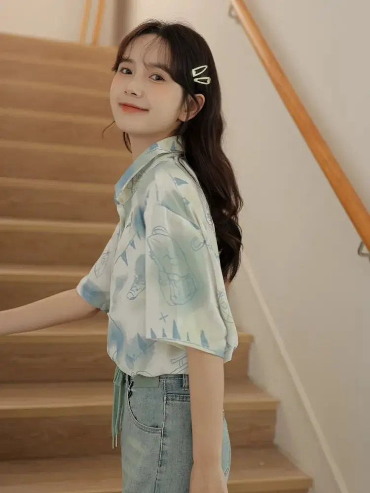 

Shirts Women Floral Printed Short Sleeve Korean Style Turn Down Collar Summer Casual Gentle Design Lovely Preppy Female Ins Tops