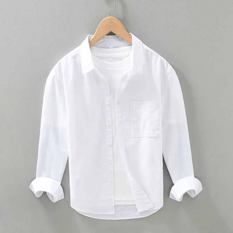 Men\'s Casual Long Sleeve Shirt for Men Cotton Linen Breathable Shirts Man White Button-up Tops