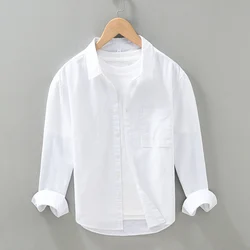 Men's Casual Long Sleeve Shirt for Men Cotton Linen Breathable Shirts Man White Button-up Tops