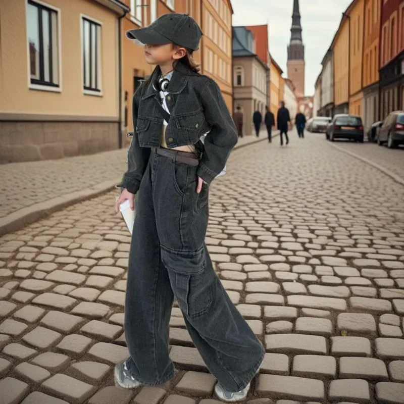 Denim Sets for Children 2026 Spring Grey Jacket Jeans 2pcs Teen Kids Clothes Fashion Casual Wide Leg Pants Children Costuems 8 Y