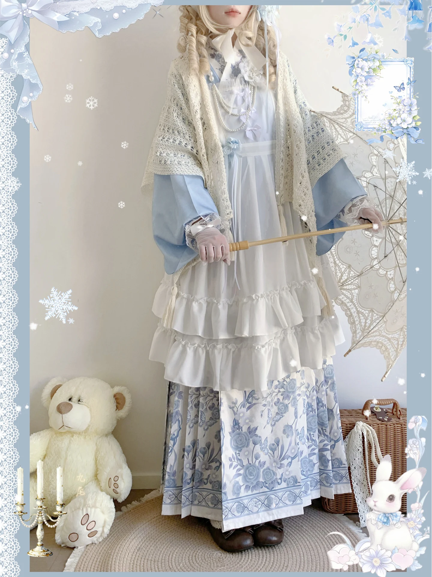 Original Han Han Yang Zhong Ming Dynasty  Frock Coat with Fur Collar And Padded Skirt Cute Autumn Winter Clothing