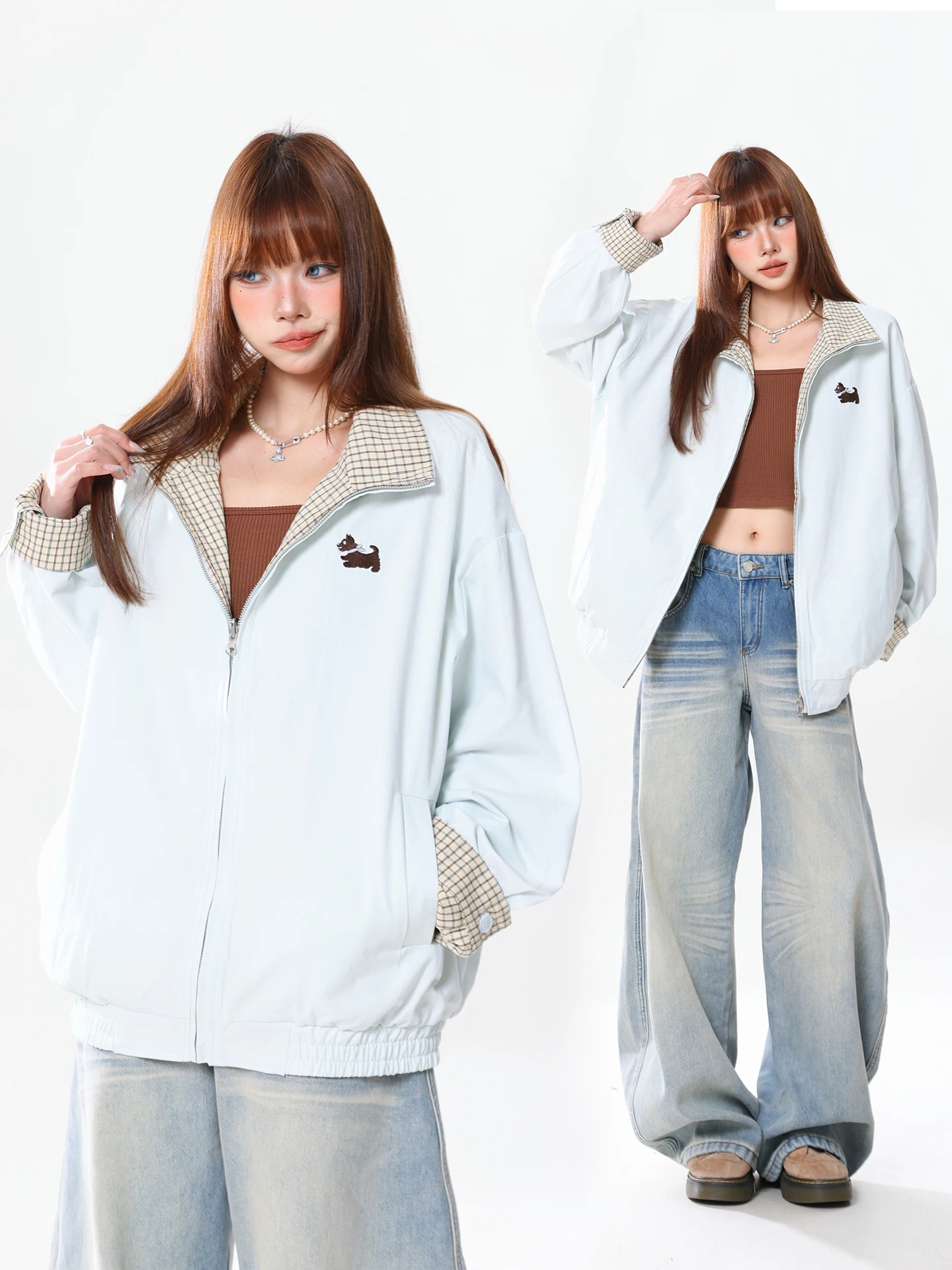 

Double-Sided Wear Plaid Patchwork Jacket Women's Top Trendy Brand Spring New Style Little Dog Outerwear Casual Loose Fit Cott...