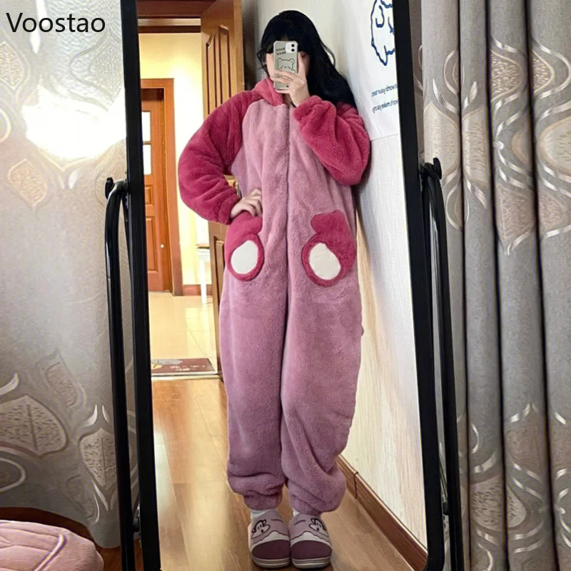 Autumn Winter Women Cute Onesies Pajamas Coral Fleece Warm Cartoon Bear Ears Hooded Pyjamas Girls Sweet Home Clothes Sleepwear