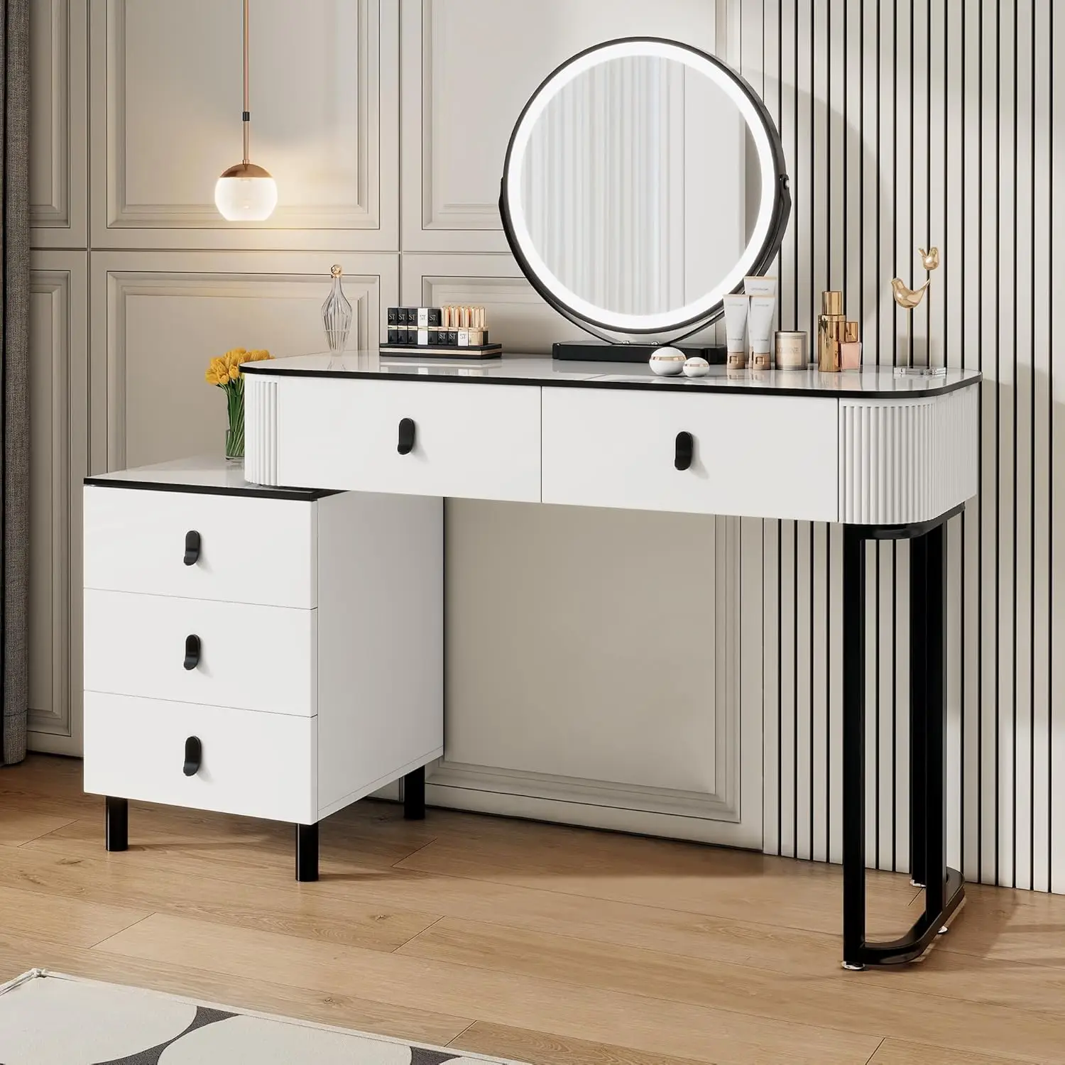 Modern Vanity Desk With Mirror And Led Lights, Small Retractable Makeup Combo With Adjustable Cabinet, Dressing Table Set With