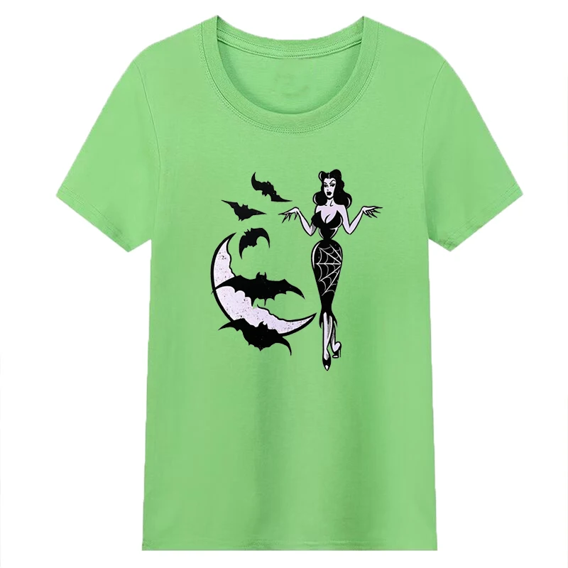 Sexy Ladies Bat Moon Spooky T Shirt Cool Metal Grunge T-shirt Female Cotton Causal Halloween Party Clothes O Neck Dropshipping