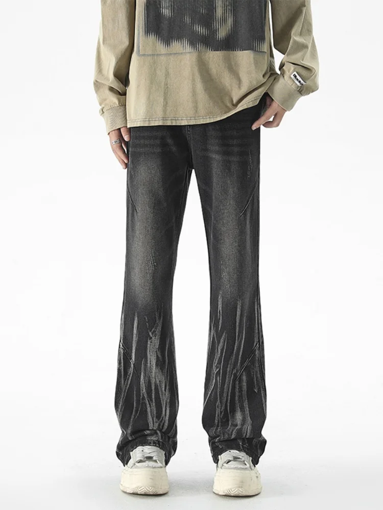 

Мужские джинсы в американском ретро-стиле, осень 2024, новые прямые широкие брюки с узором, слегка расклешенные, длинные штаны