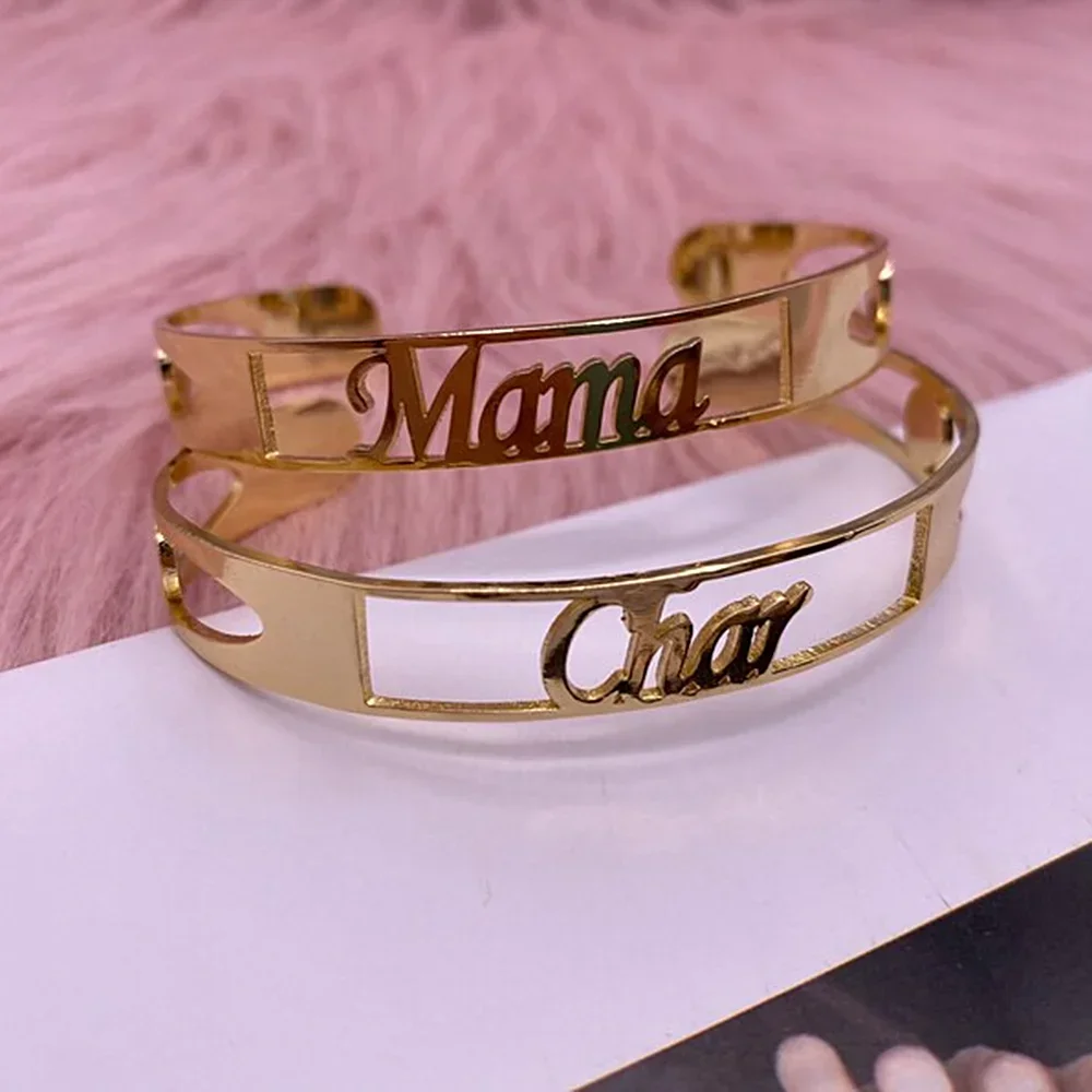 Customized Bangles Stainless Steel Bracelets for Women Open Double Name Bracelets Girl Jewelry Personalised Couple Bracelet Gift