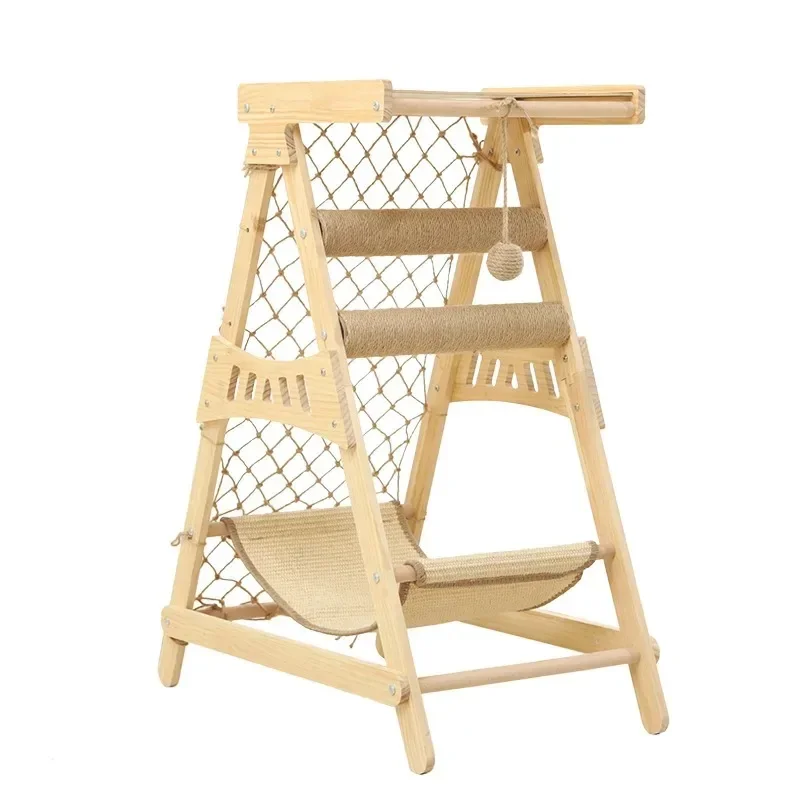 

Solid Wood Cat Climbing Frame with Sisal Scratching Board and Hammock Nest Wear-Resistant