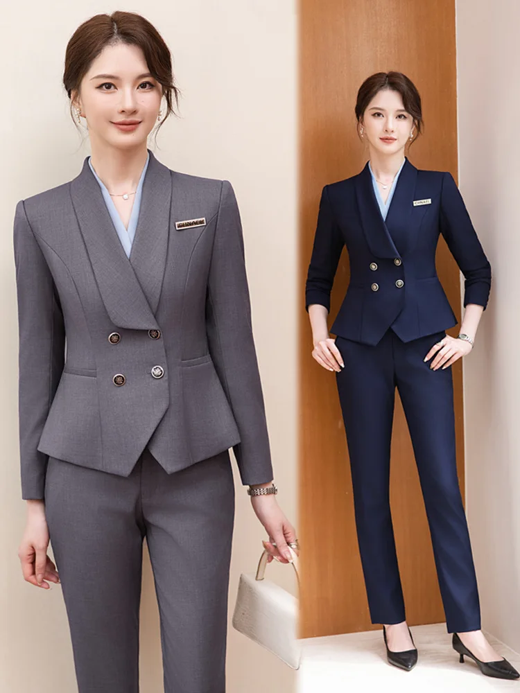 

Black collarless women's professional suit, elegant workwear for jewelry stores, hotel managers, beauty salon front desk staff,