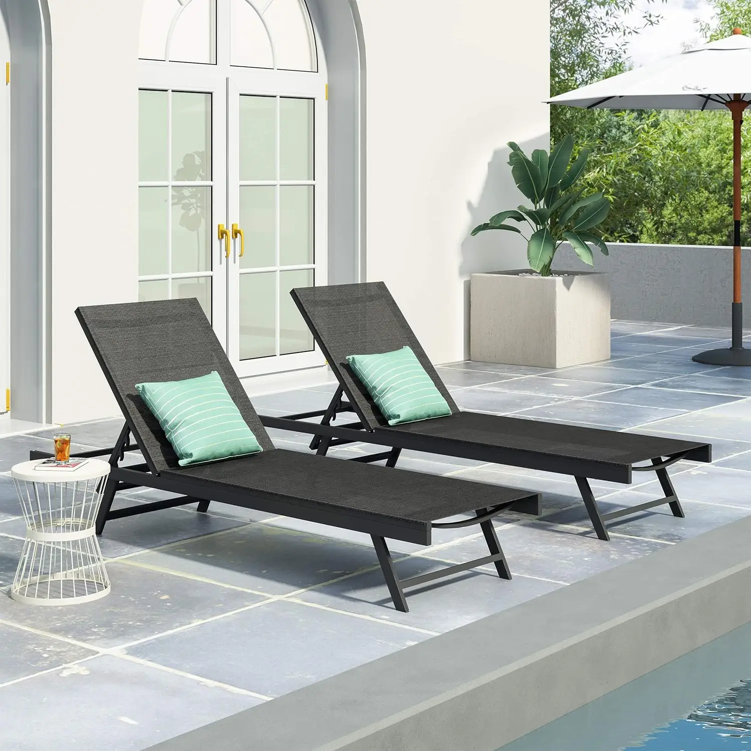 Martin Outdoor Aluminum Chaise Lounge with Mesh Seating (Set of 2), Black and Dark Gray