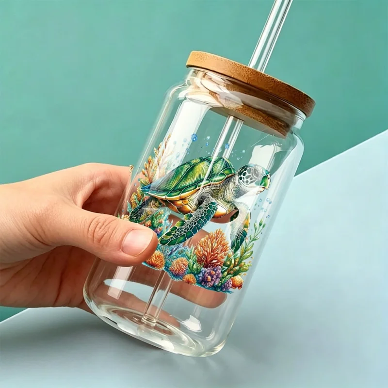 8pcs/Set Colorful Sea Turtle DIY Glass Jar Transfer Paper UV DTF High Self-Adhesive Transfer Paper Decorating Cups And Bottles - view 2