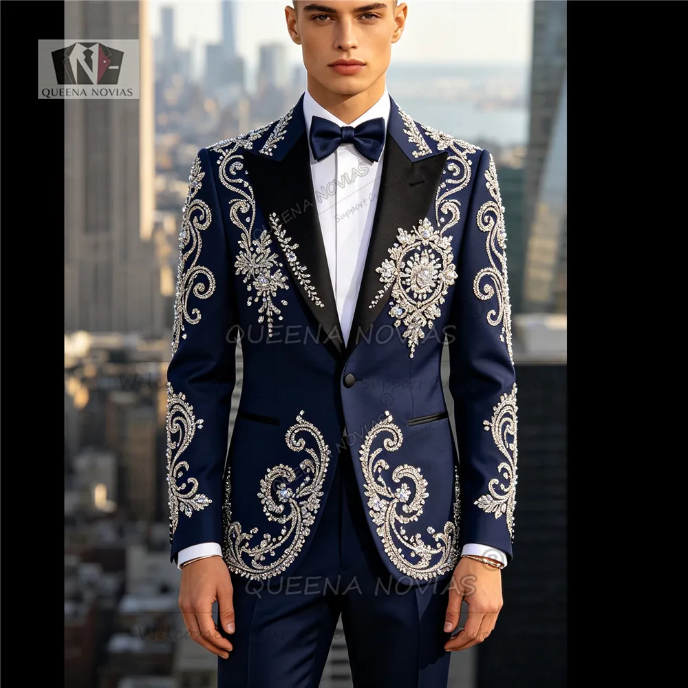 Luxury Men's Tuxedo Suit 2 Piece Sets Crystals Beading Rhinestone Prom Blazer With Pants Customized Black Lapel Groom Clothing