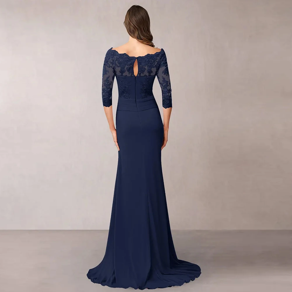 Navy Blue Boat Neck Mother of Bride Dresses with Lace Three Quarter Wedding Party Dresses Court Train 2024 Vestido De Novia