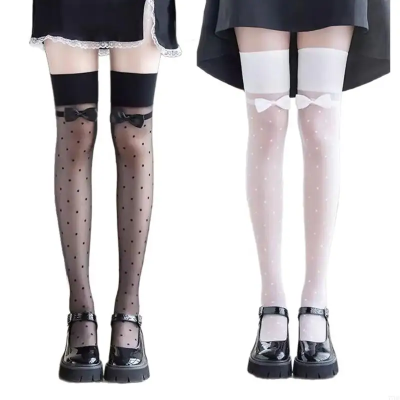 

77HE Women Bows Thigh High Stockings Waves Point Over The Knee Highs Socks Silk Stocking Daily Halloween Cosplay Party Costume