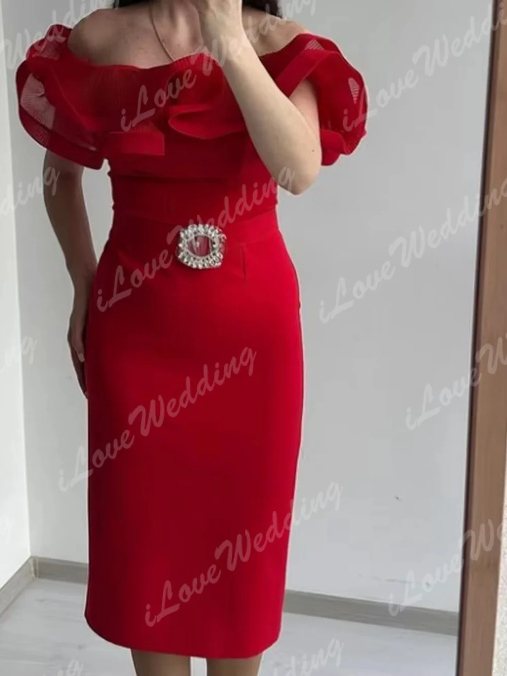 Exquisite Red Retro Modern Sash Straight Cocktail Dress Off Shoulder Tea Length Customized  Prom Party Dresses Classic Formal
