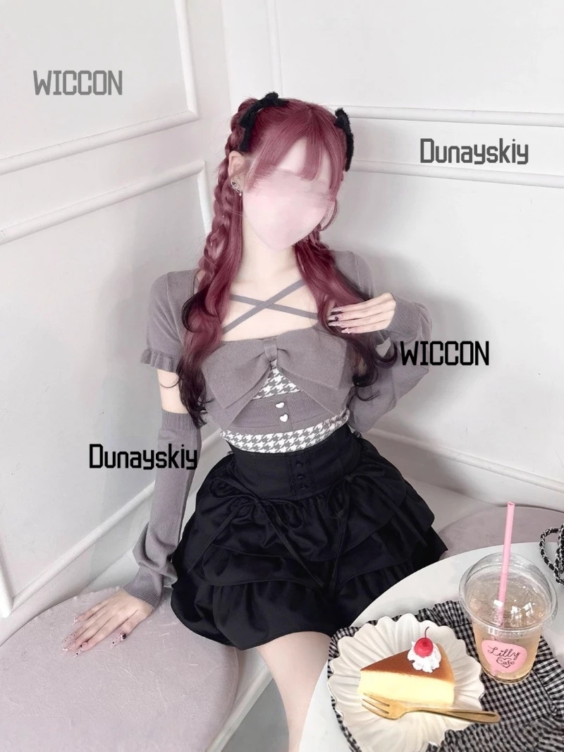 Japanese Honey Jirai Kei Mew Y2k Pink Black Gray Cross Tied Bow Top Short Skirt Kawaii Daily Party Borthday Gifts Carnival Cos view 4